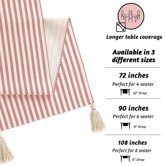 Farmhouse Red & White Table Runner 108” Long with Tassels 100% Cotton - Picture 3 of 6